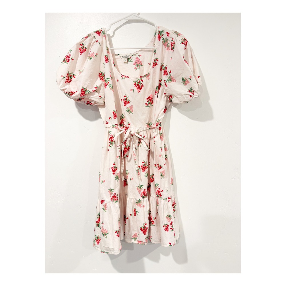 Miss Selfridge Floral Puff Sleeve Mini Dress Pink Red Square Neck Size US 14